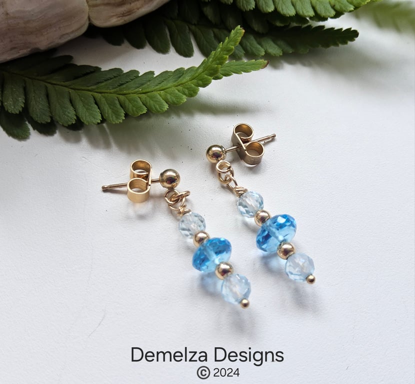 Designer Solid 9k Gold Topaz Stud Earrings 