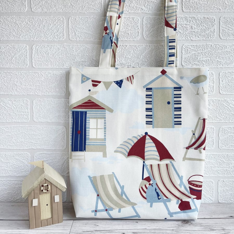 Seaside Tote Bag with Beach Huts and Deck Chairs