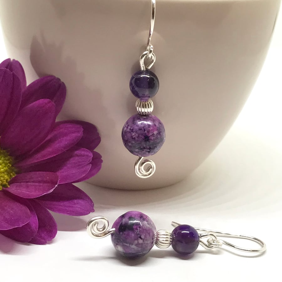 Sterling Silver Purple Jasper & Amethyst Earrings, Gift For Her
