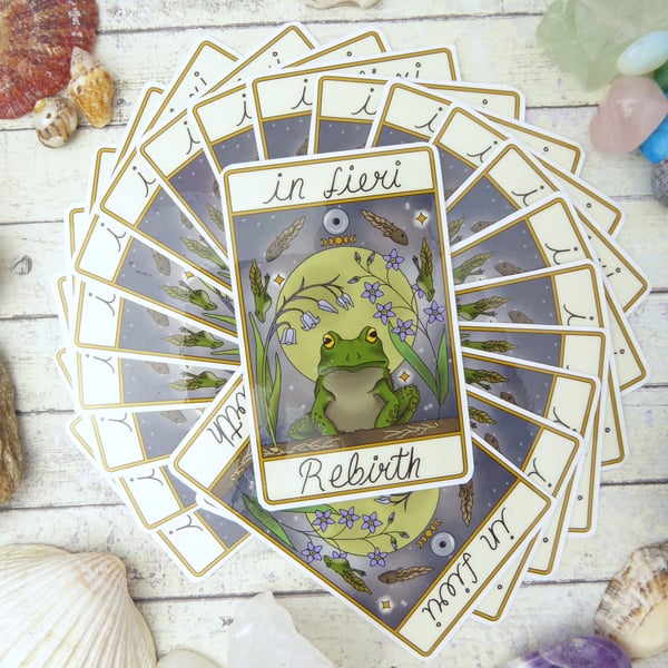 Spring Frog Tarot Card Vinyl Sticker, Life Cycle Tadpole Cottagecore Toad Floral