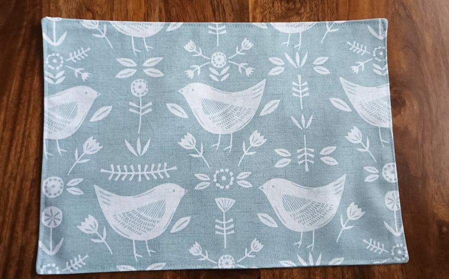 Seafoam Blue Placemat. Bird, Floral Scandi Style. Table Mats.