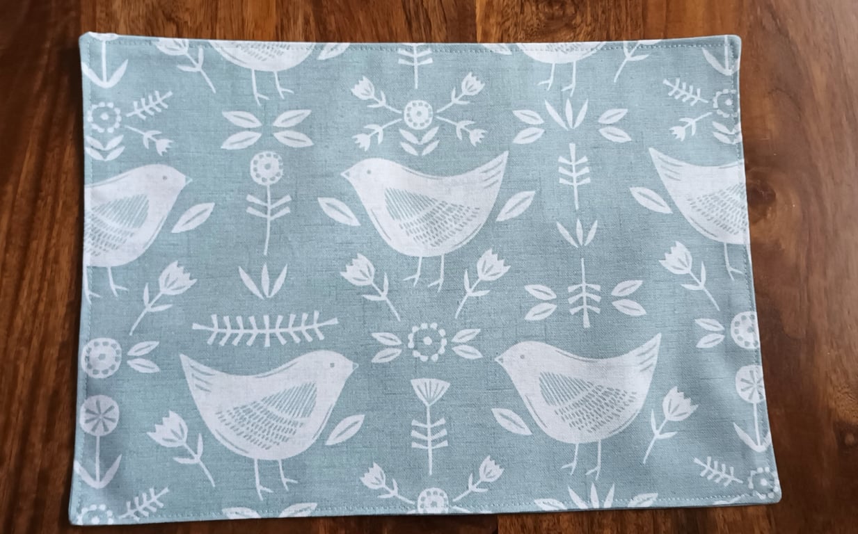 Seafoam Blue Placemat. Bird, Floral Scandi Style. Table Mats.