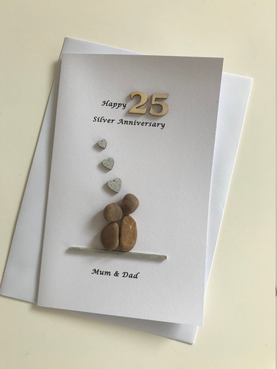 Personalised Silver Wedding Anniversary Card, 25th Anniversary Card, Pebble Artw