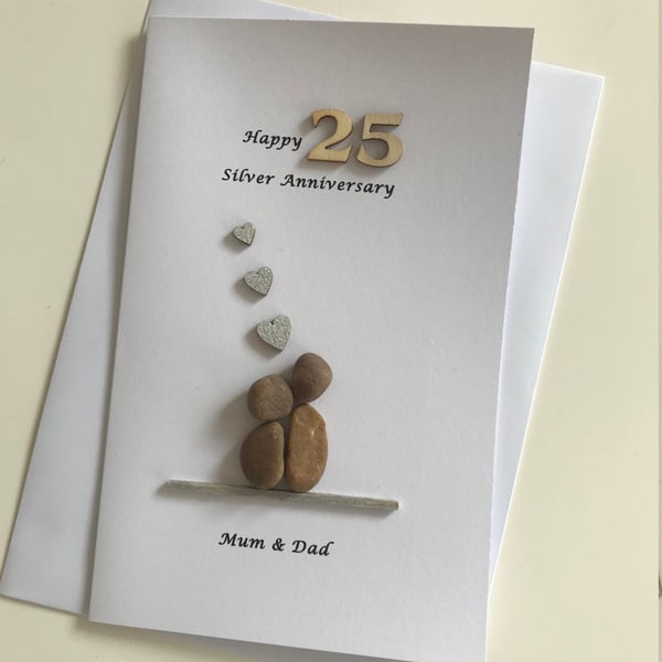 Personalised Silver Wedding Anniversary Card, 25th Anniversary Card, Pebble Artw