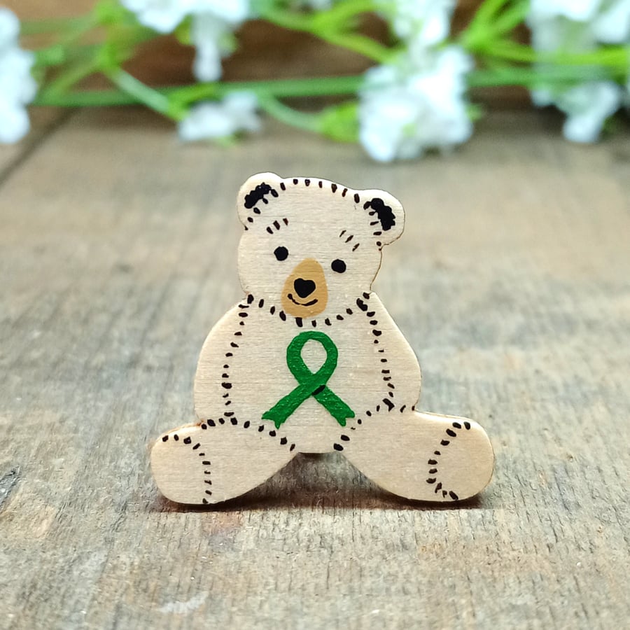 Mental Health Awareness Bear Badge, Handmade Green Ribbon Teddy Brooch