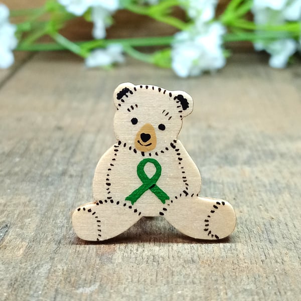 Mental Health Awareness Bear Badge, Handmade Green Ribbon Teddy Brooch