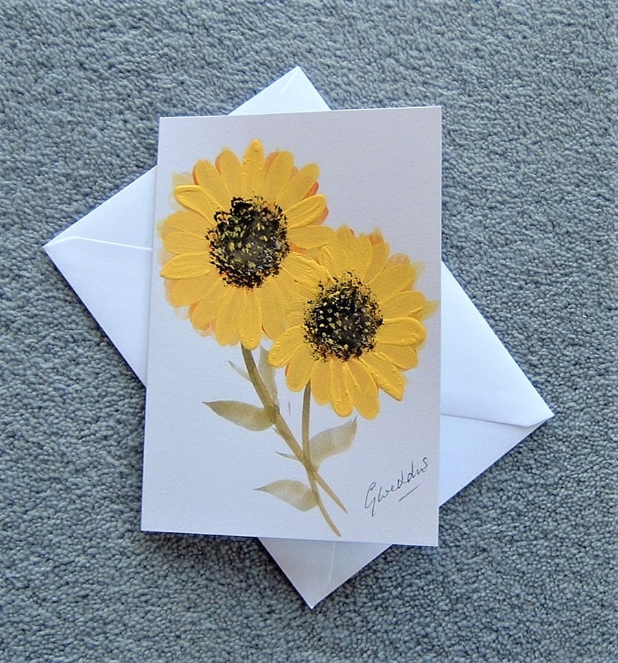sunflower original art hand painted blank greetings card ( ref F 254 )