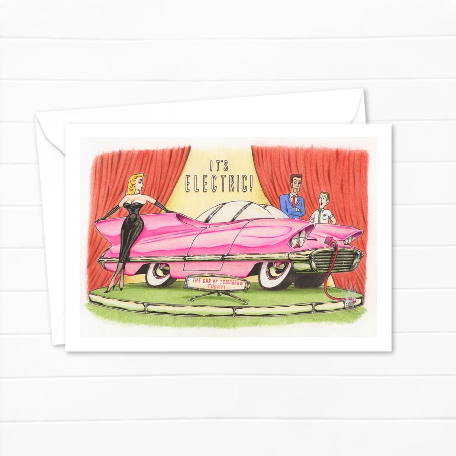 Retro Style Greeting Card: Hand Drawn Electric Car Cartoon (327)
