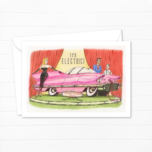 Retro Style Greeting Card: Hand Drawn Electric Car Cartoon (327)