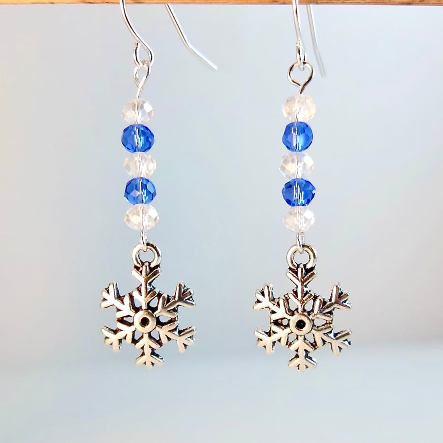 Christmas Earrings - Snowflake Charms With Sparkly Glass Beads - Free UK P&P