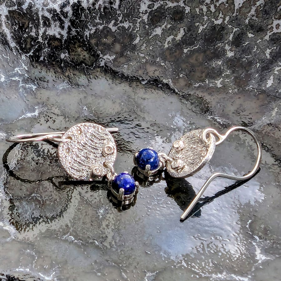 FLAME TEXTURED SILVER Recycled Sterling Silver Handmade Lapis Lazuli Earrings