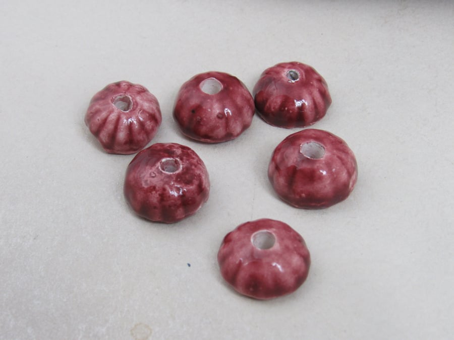 6 Small Gloss Rose Red Half-round Ceramic Flower Beads