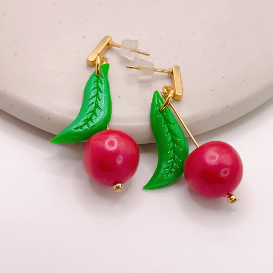 Cherry Earrings Cute Handmade Fruit Earrings, Fun Summer Jewellery Gift