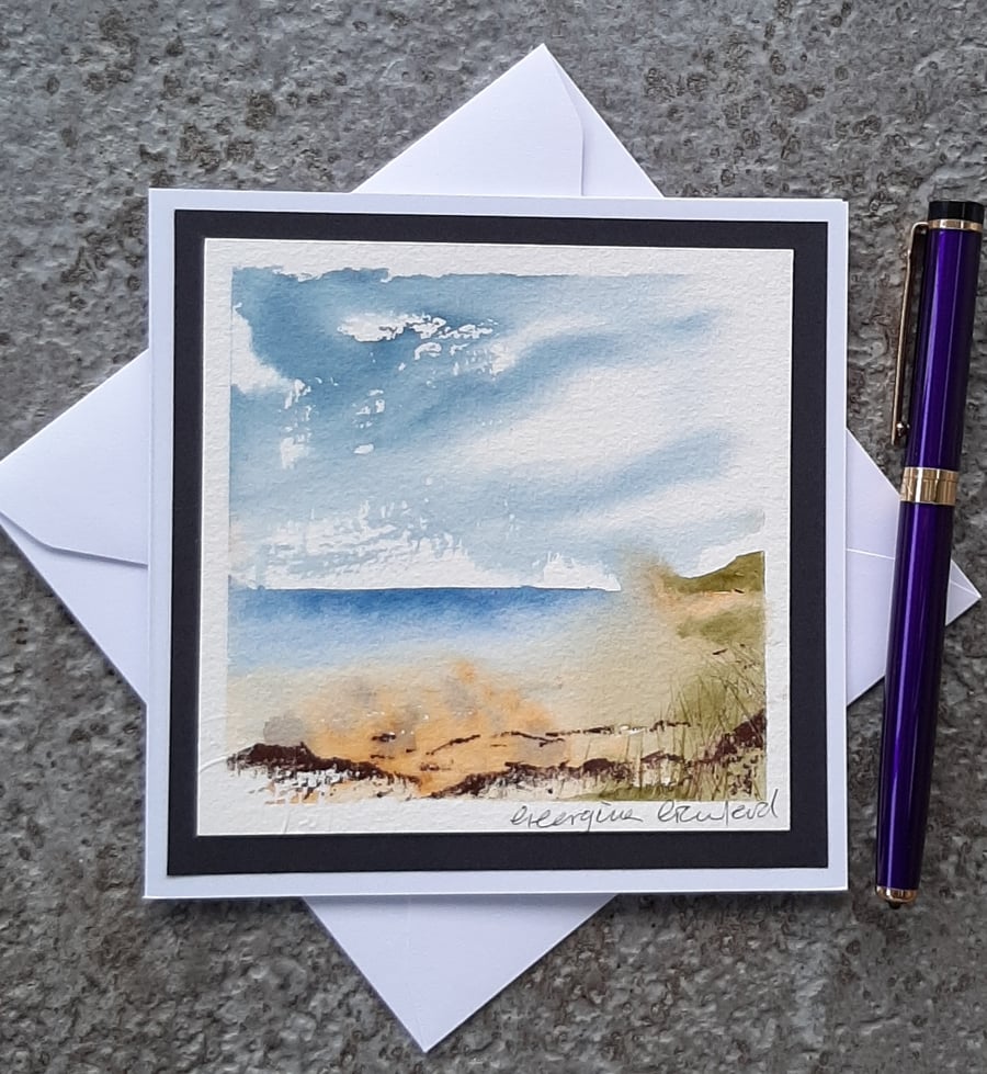 Handpainted Blank Card. Rainy Beach.. Letterbox Gift. Keepsake