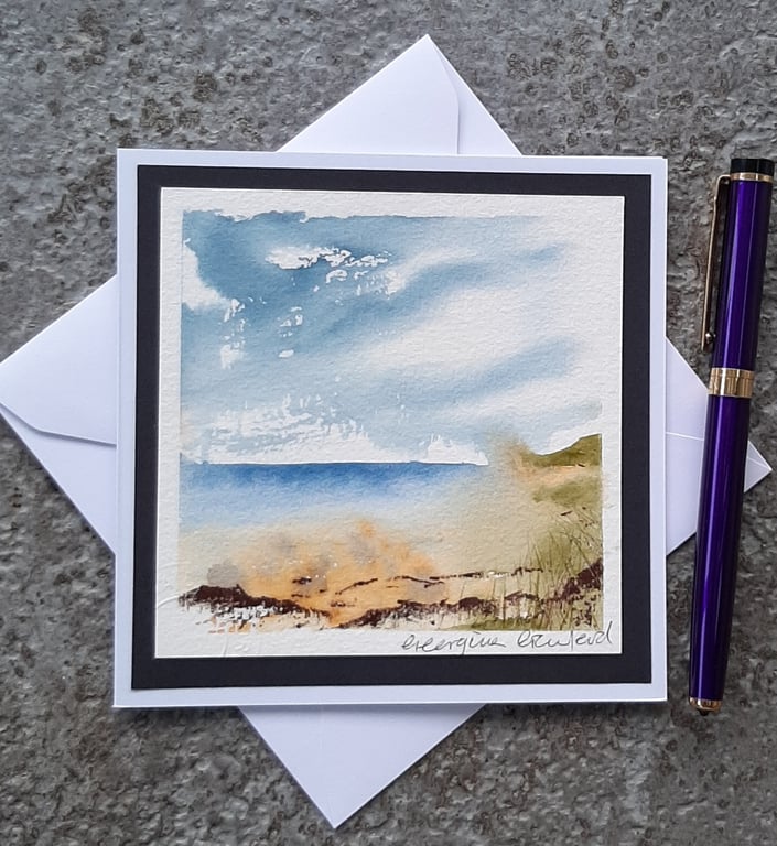 Handpainted Blank Card. Rainy Beach.. Letterbox Gift. Keepsake