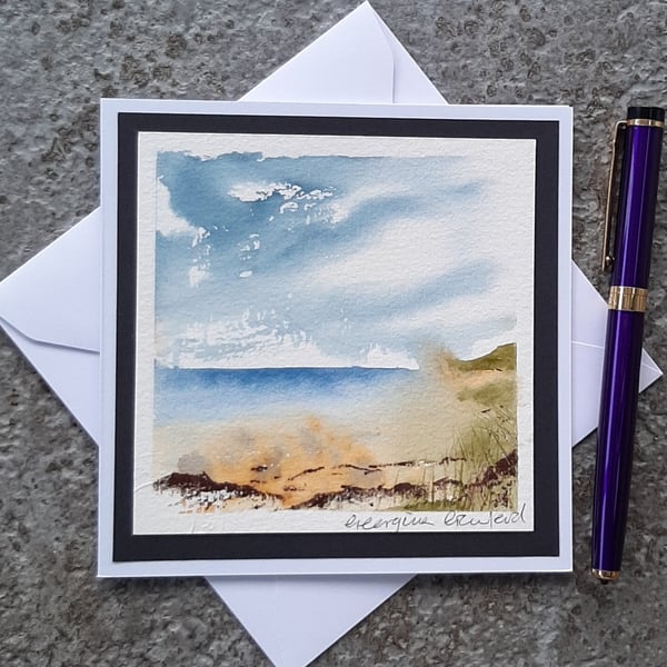 Handpainted Blank Card. Rainy Beach.. Letterbox Gift. Keepsake
