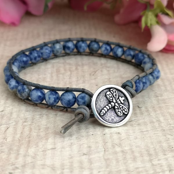 Sodalite and leather bracelet with dragonfly button