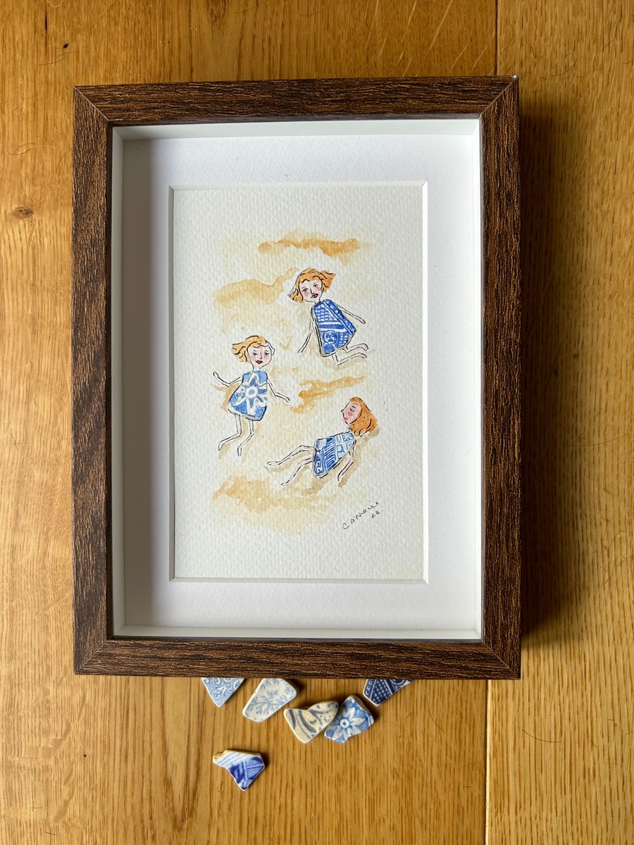 Three China Girls playing in the Sand - framed original water colour.
