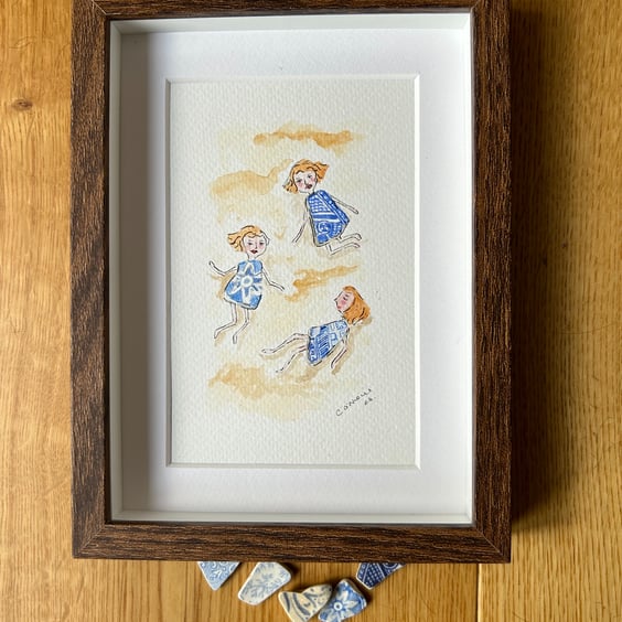 Three China Girls playing in the Sand - framed original water colour.