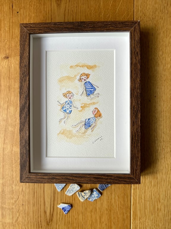 Three China Girls playing in the Sand - framed original water colour.