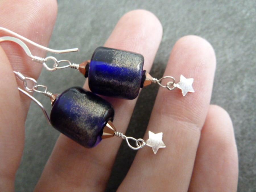 sterling silver, blue lampwork star earrings