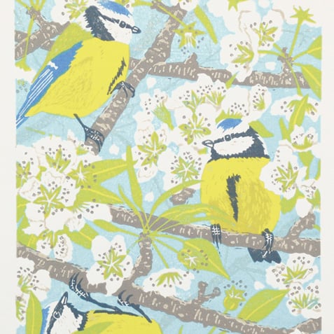 Pear Blossom Blue Tits - Original hand cut limited edition linocut print