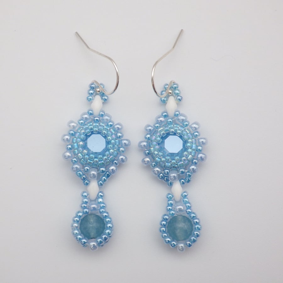 Beadwoven baby blue Swarovski chaton earrings with blue quartz drops