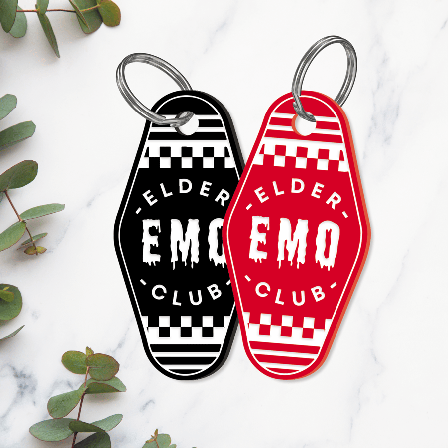 Elder Emo Club - Checkered: Funny Motel Style Acrylic Keyring - Gift for Emo