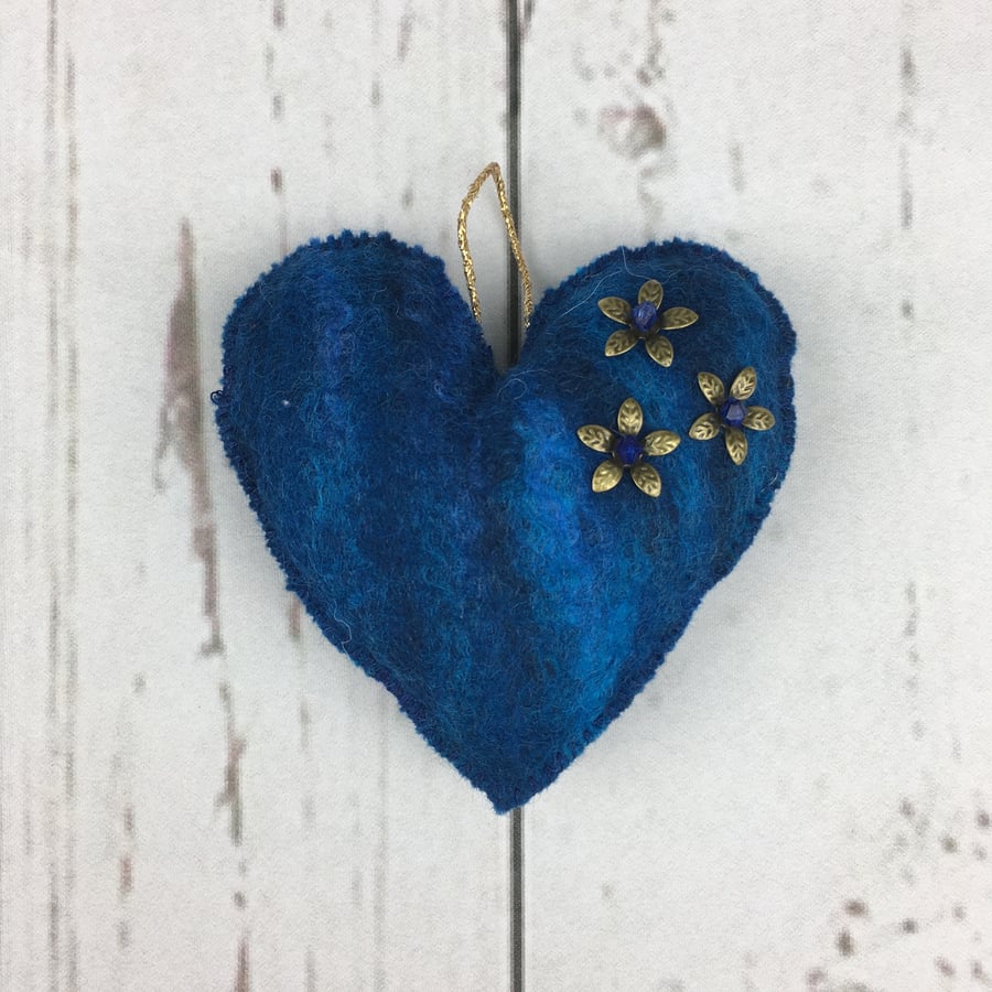 Lavender scented padded felt heart in blue shades of merino wool - SALE