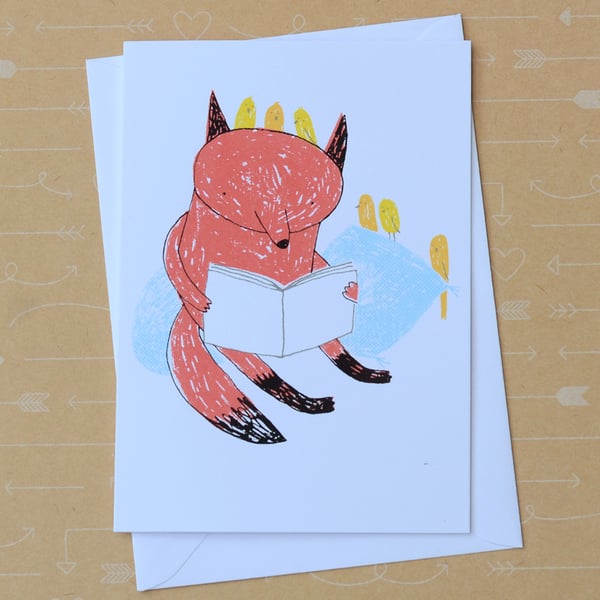 Reading Fox - Hand Screen Printed Card