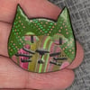 Green dotty stripy cat brooch