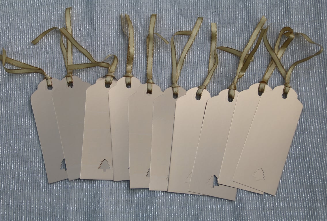 10 Christmas Gift tags, gold foiled card, Christmas Tree aperture, ribbon ties