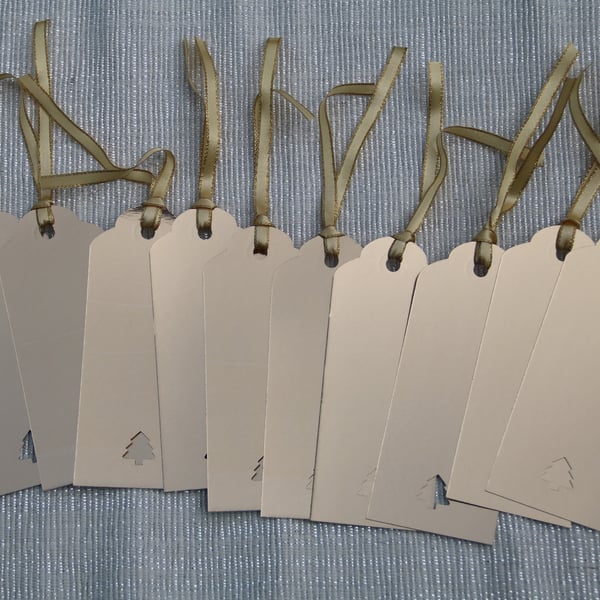 10 Christmas Gift tags, gold foiled card, Christmas Tree aperture, ribbon ties