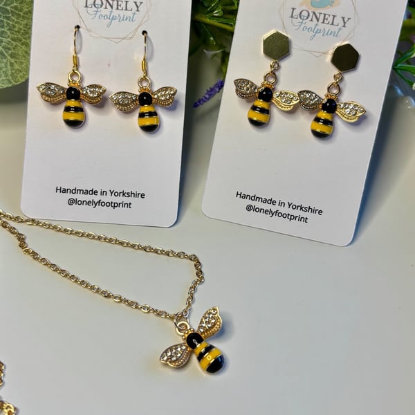 Bee Dangle Earrings and Necklace, Charm Earrings, Handmade Jewellery 