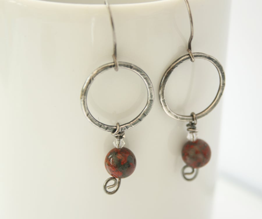 Oxidised Silver Dangly Hoop Earrings With Crystal & Jasper  Beads