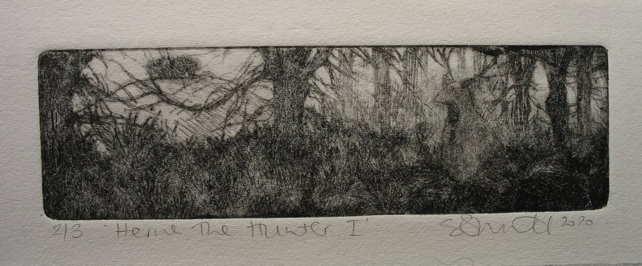 Moody drypoint etching 'Herne the Hunter I'