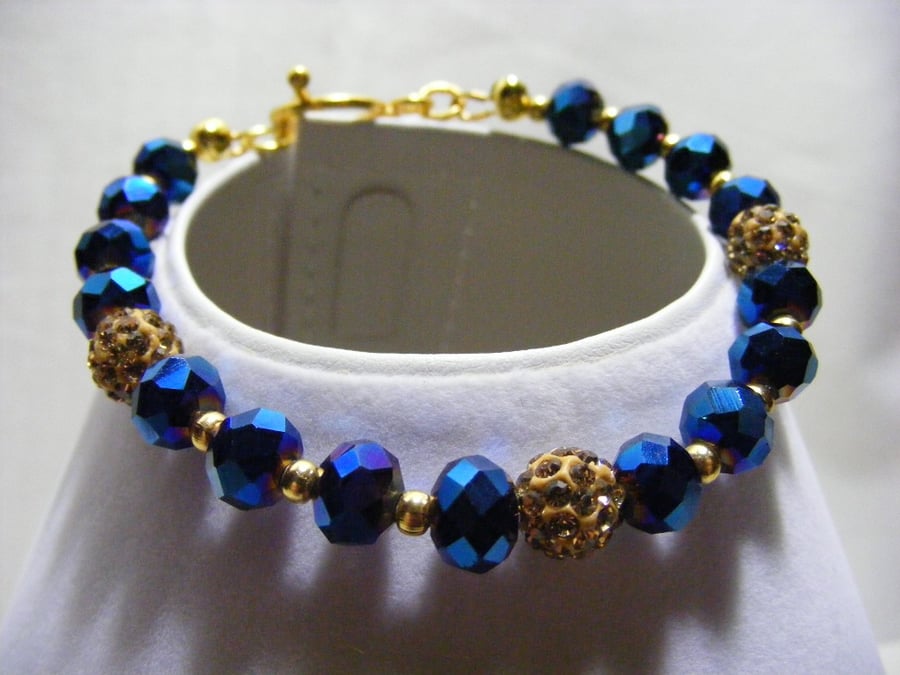 Blue Iris and Gold Pave Bead Bracelet