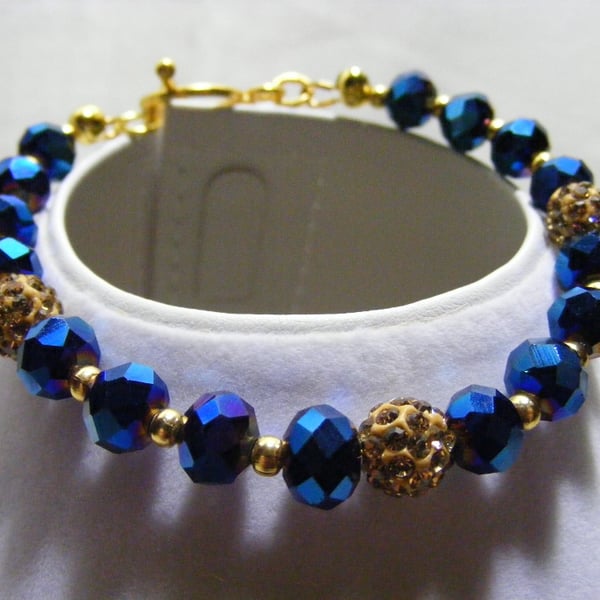 Blue Iris and Gold Pave Bead Bracelet