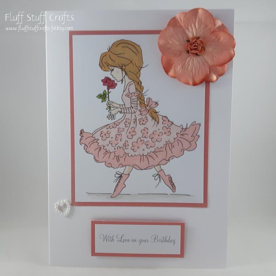 Handmade birthday card - girl with rose