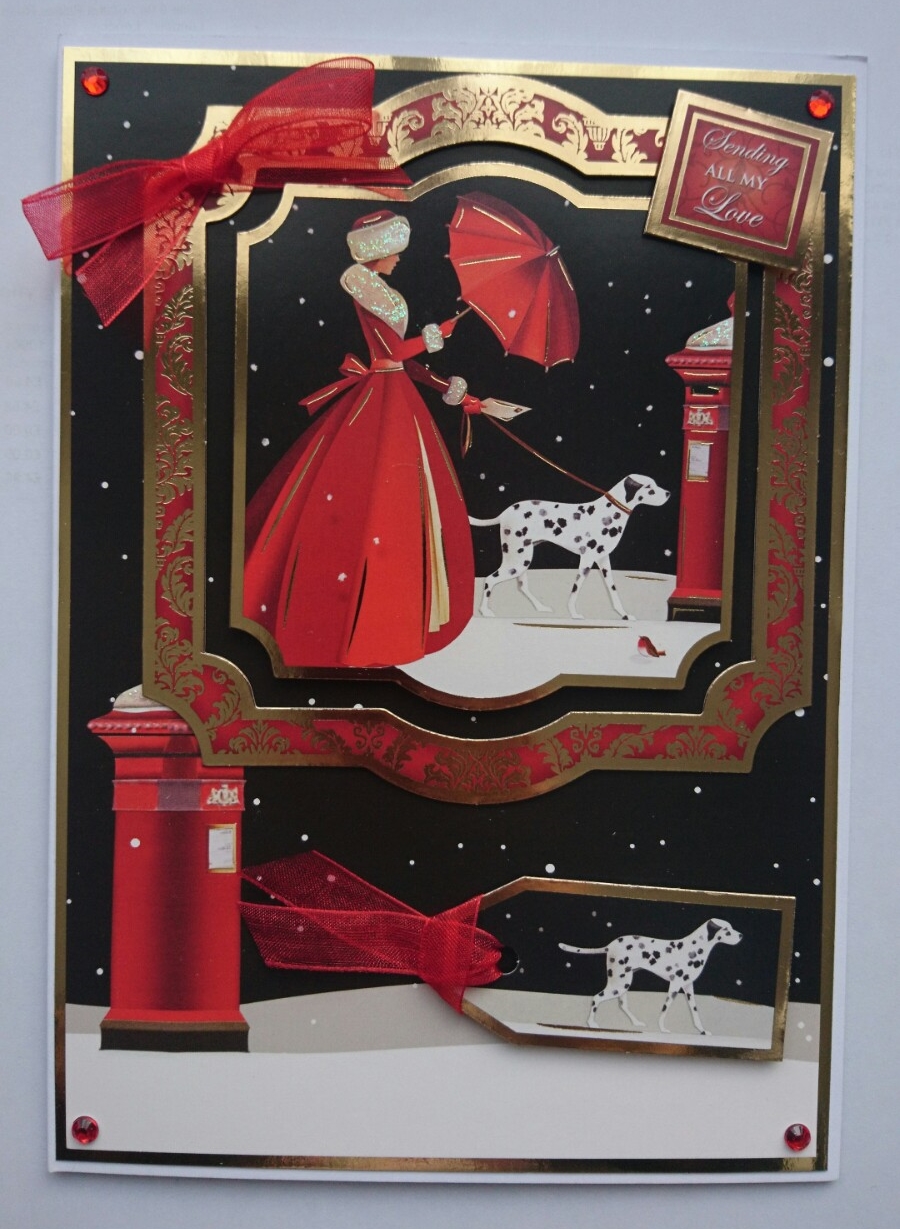 Christmas Card Elegant Lady in Red Coat Sending All My Love 3D Luxury Handmade