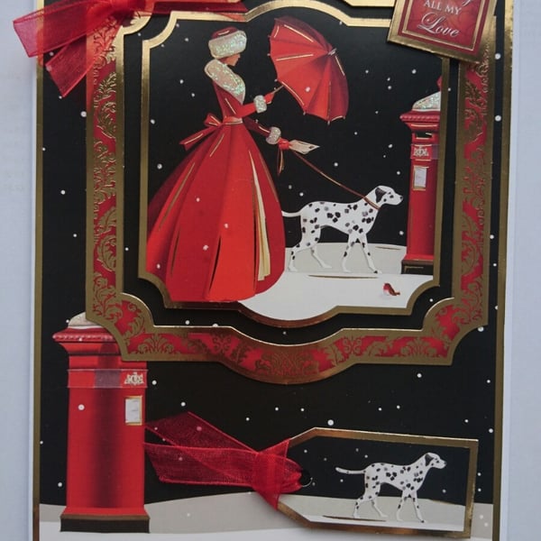 Christmas Card Elegant Lady in Red Coat Sending All My Love 3D Luxury Handmade