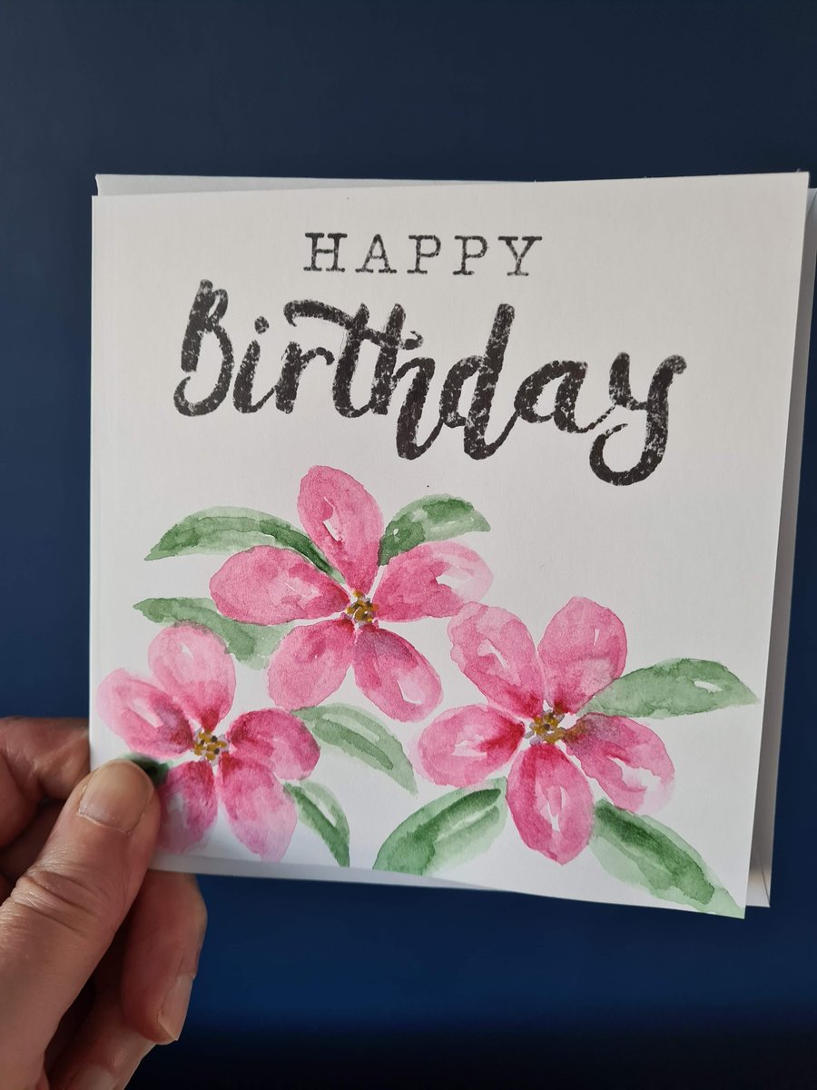 Pink flower watercolour birthday card handpainted