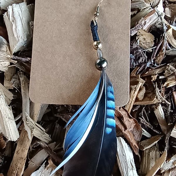 Unique feather earring  - "Bluejay" - (single ear)
