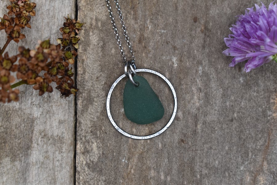 Sea Glass and Recycled Sterling Silver Necklace, Teal Green Scottish Sea Glass