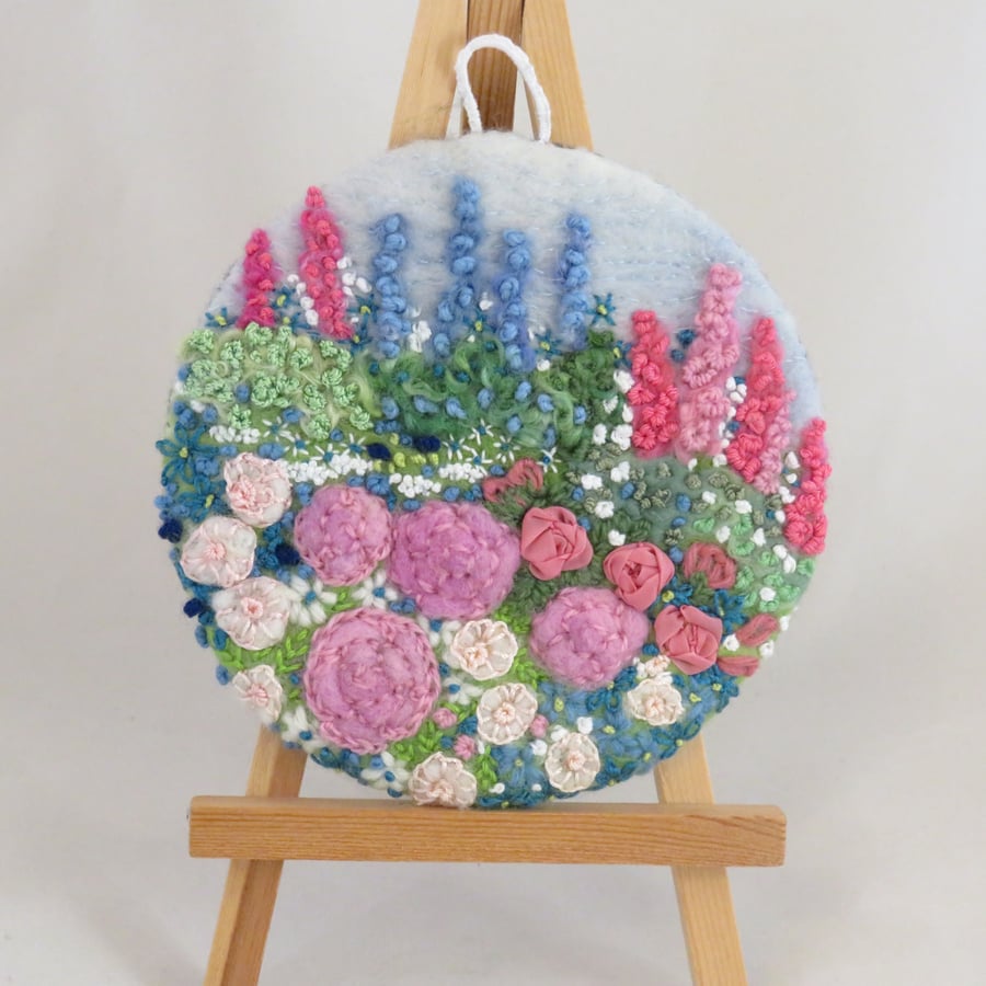 Rose Garden Embroidered Felted Plaque