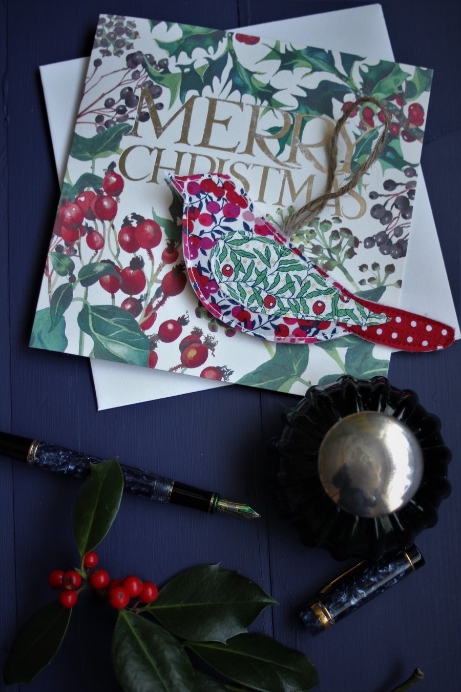 Festive red and green Liberty fabric hanging bird trio decorations