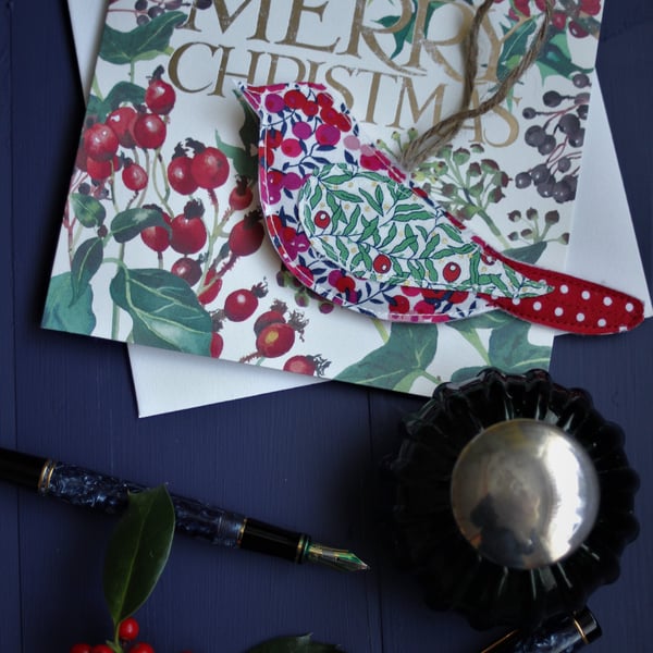 Festive red and green Liberty fabric hanging bird trio decorations