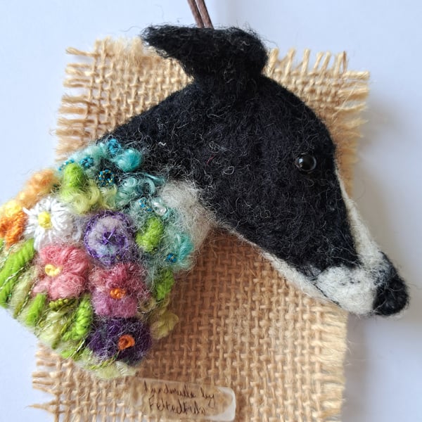 Needle Felted Greyhound Brooch