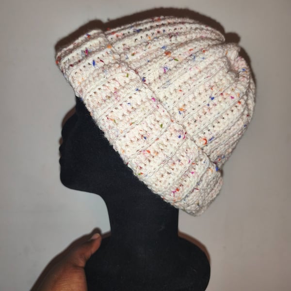 Ribbed Cream Pastel Tweed Beanie