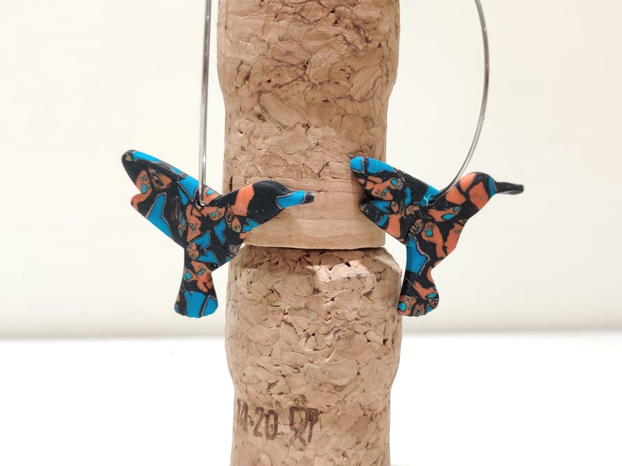 Orange mariposa bird polymer clay hypo allergenic hoop 